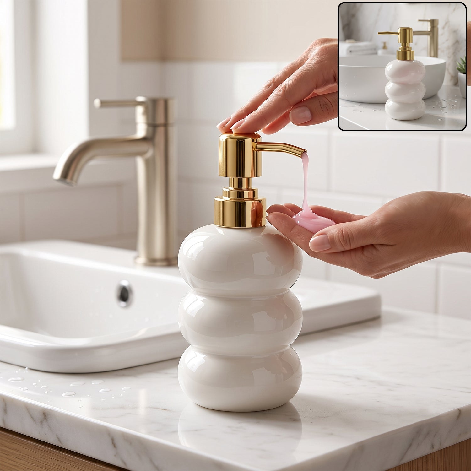 Glass liquid soap dispenser bottle with gold pump from Wukusy, refillable, featuring a clear glass body and elegant design.