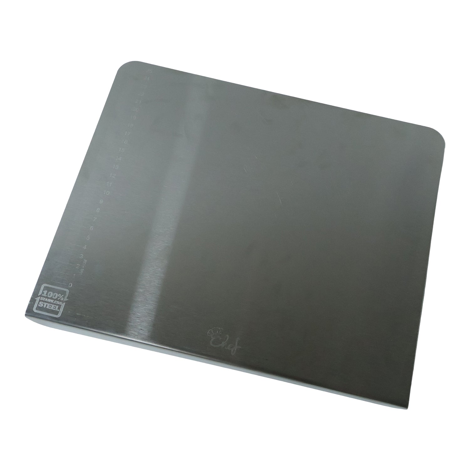Wukusy stainless steel chopping board, 35.5x29 cm with 1mm thickness, shown on a kitchen countertop.