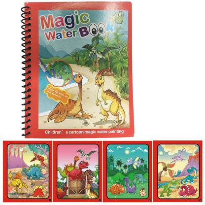 Wukusy Magic Water Coloring Book with magic pen on painting board, featuring colorful doodles and quick-dry water-based illustrations.