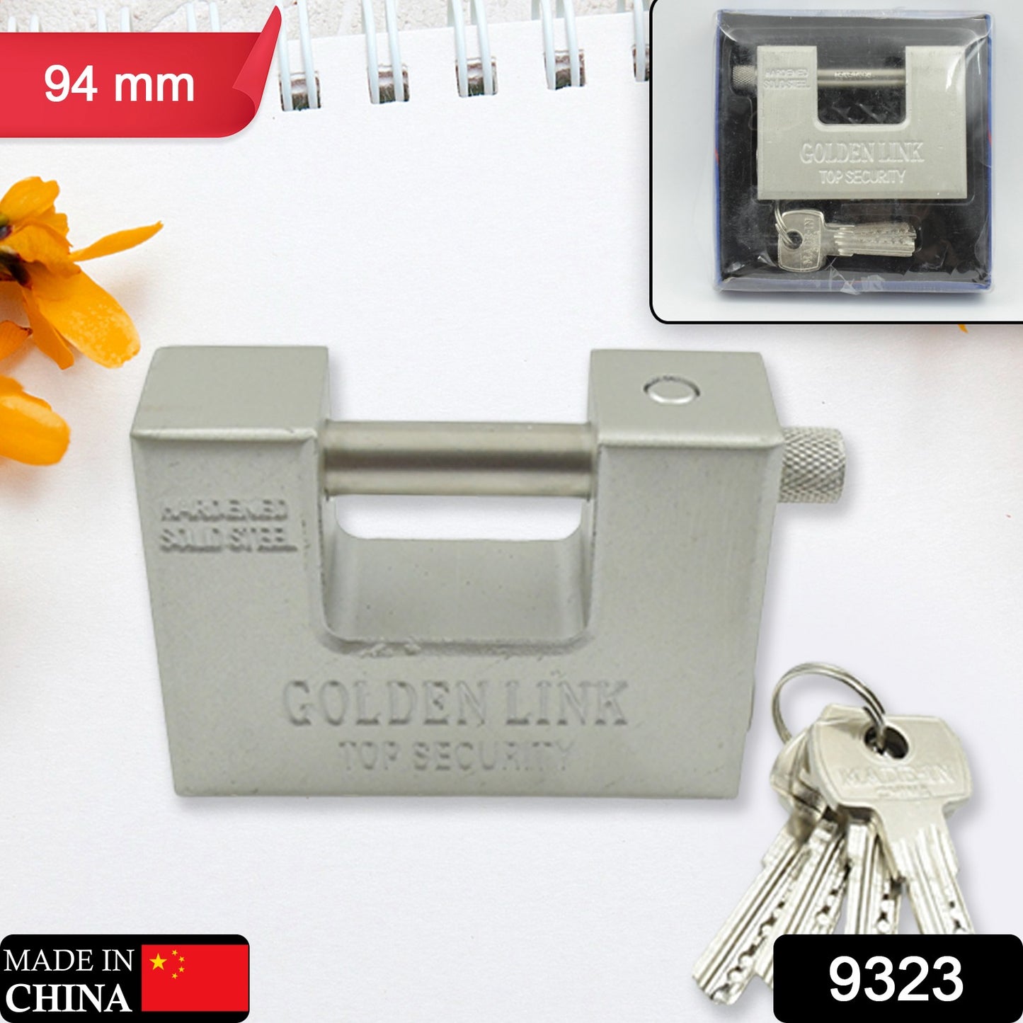 Wukusy 9323 stainless steel padlock with rectangular shape, 5 keys, waterproof, rust-resistant, ideal for outdoor gates and sheds