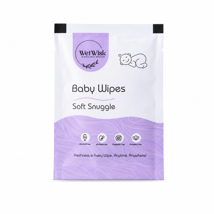 Wukusy Soft Snuggles Baby Wet Wipes for gentle cleansing of babies and kids, shown in a single pack with soft textured cloth.