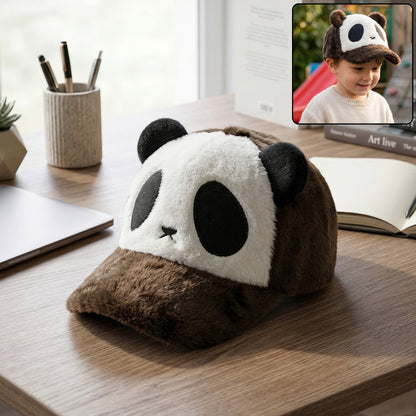 Soft plush panda winter cap by Wukusy featuring a cute panda face and ears, perfect for keeping warm in winter.