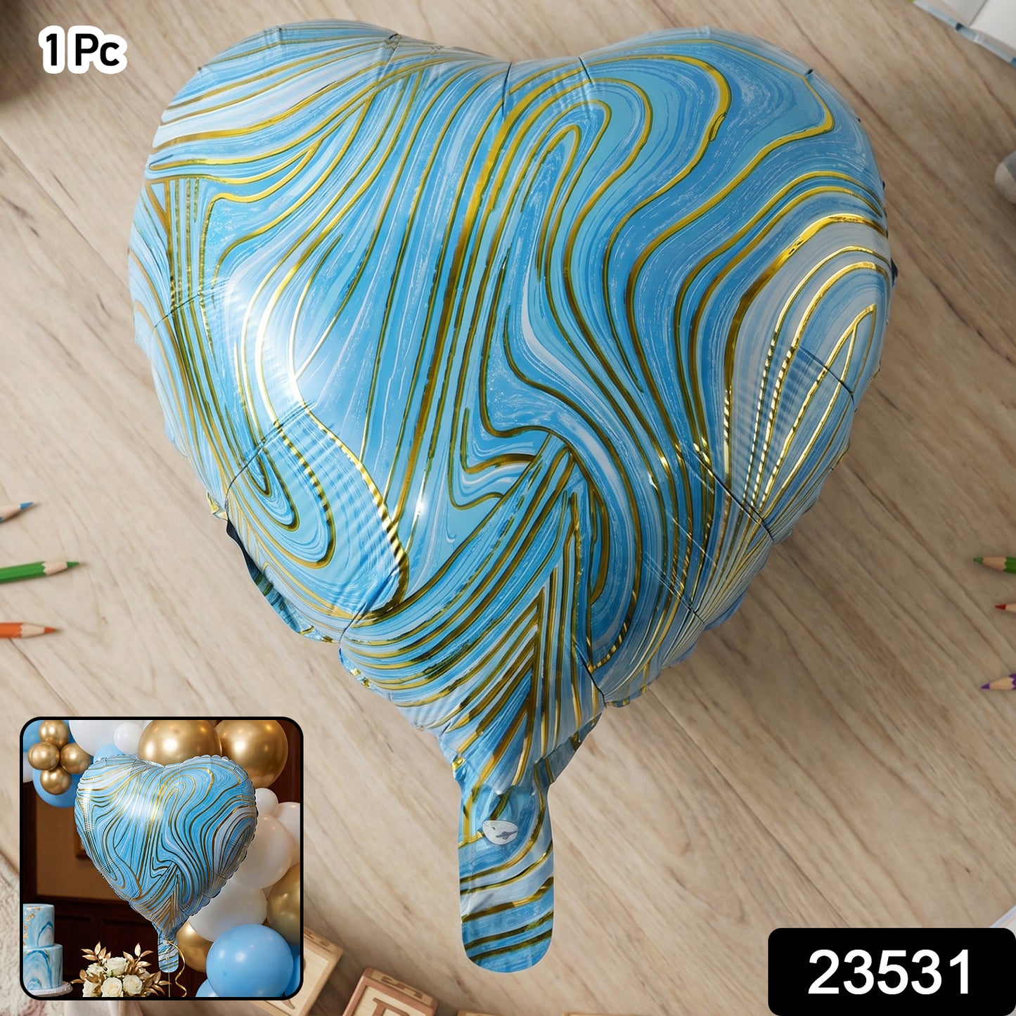 Blue marble heart foil party balloon by Wukusy, featuring a shiny blue and white marbled heart design, inflated and floating.