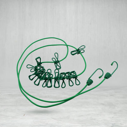Wukusy elastic cloth drying rope with 12 metal clips, portable clothesline suitable for home or travel use.