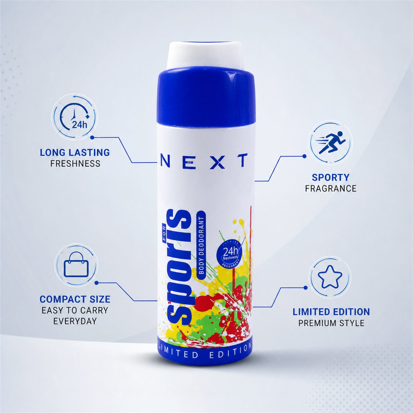 Wukusy Next Sports men's fragrance body spray and deodorant in 200ml spray bottle, designed for long-lasting daily use
