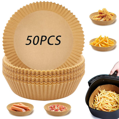 Set of 50 Wukusy round air fryer disposable paper liners, 160mm x 45mm, for easy clean-up in home and kitchen appliances