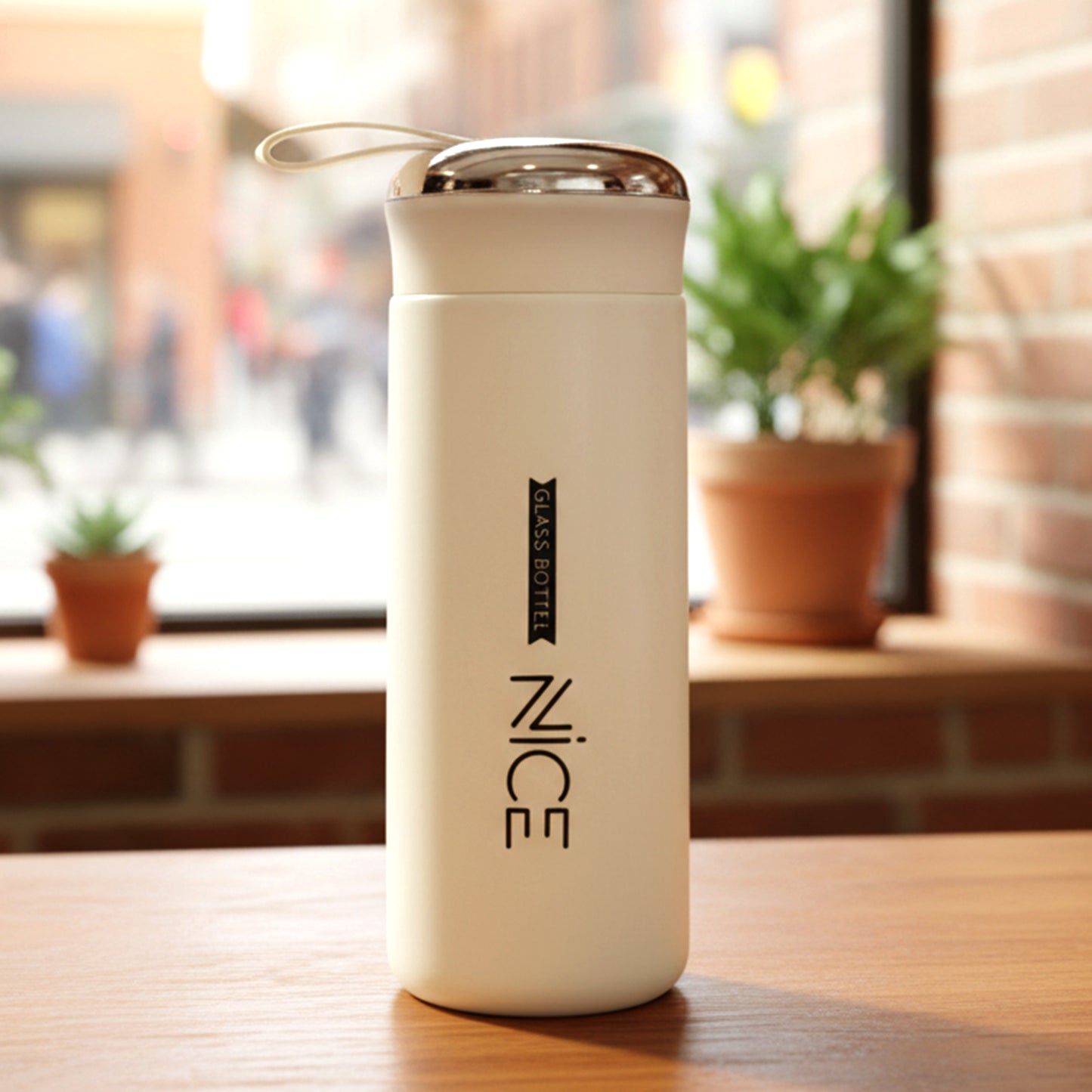 White glass water bottle by Wukusy with a sleek design and 400 ml capacity, shown on a plain background.