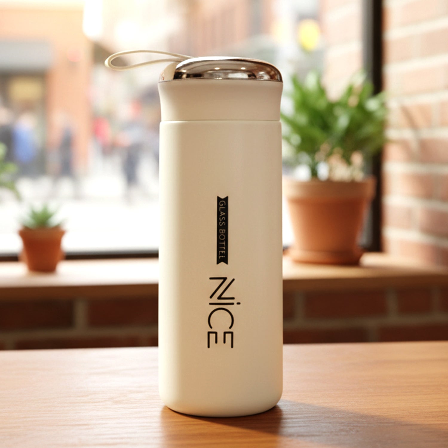 White glass water bottle by Wukusy with a sleek design and 400 ml capacity, shown on a plain background.