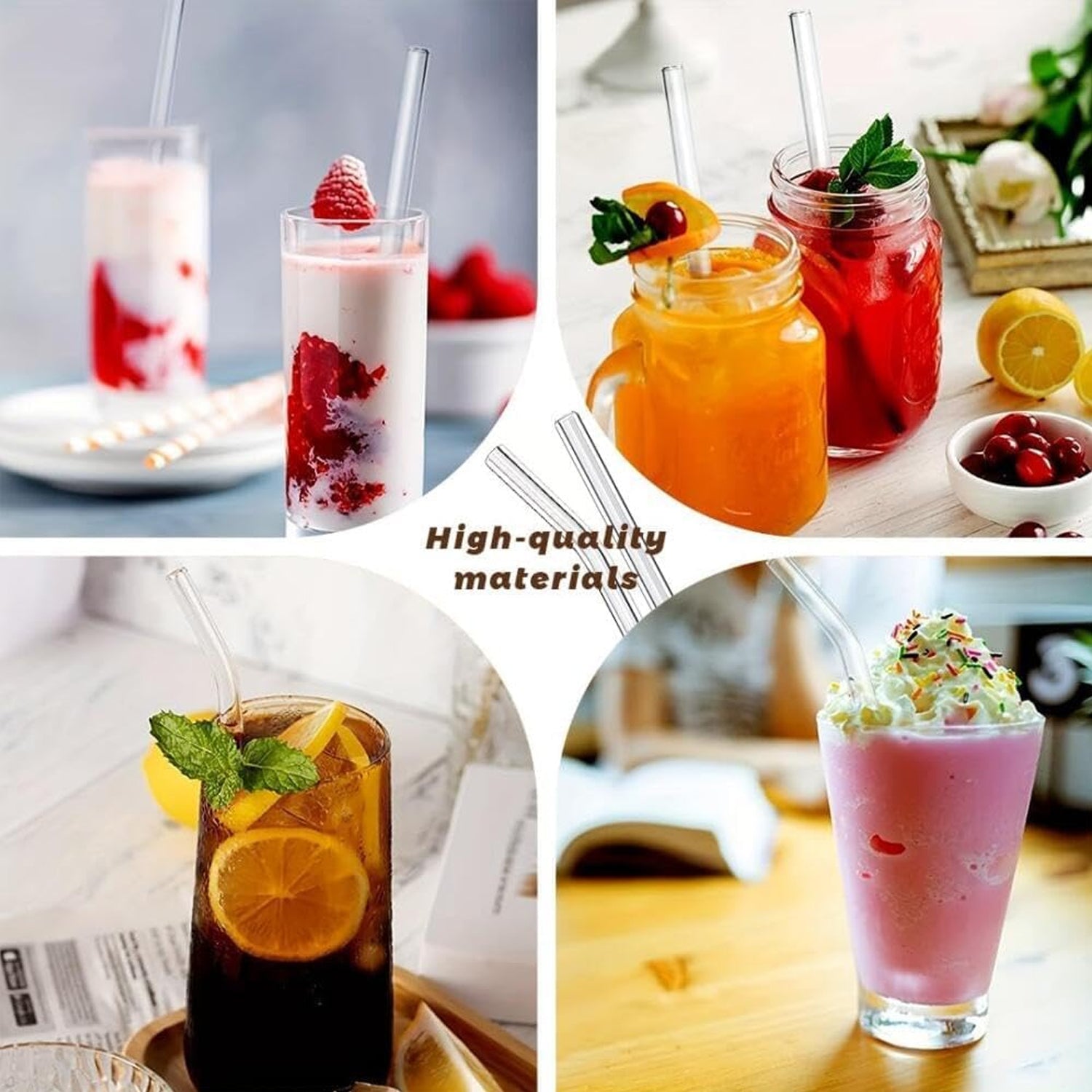 Clear plastic reusable glass drinking straws by Wukusy, set of 5, shown with transparent glass straws on a white background.