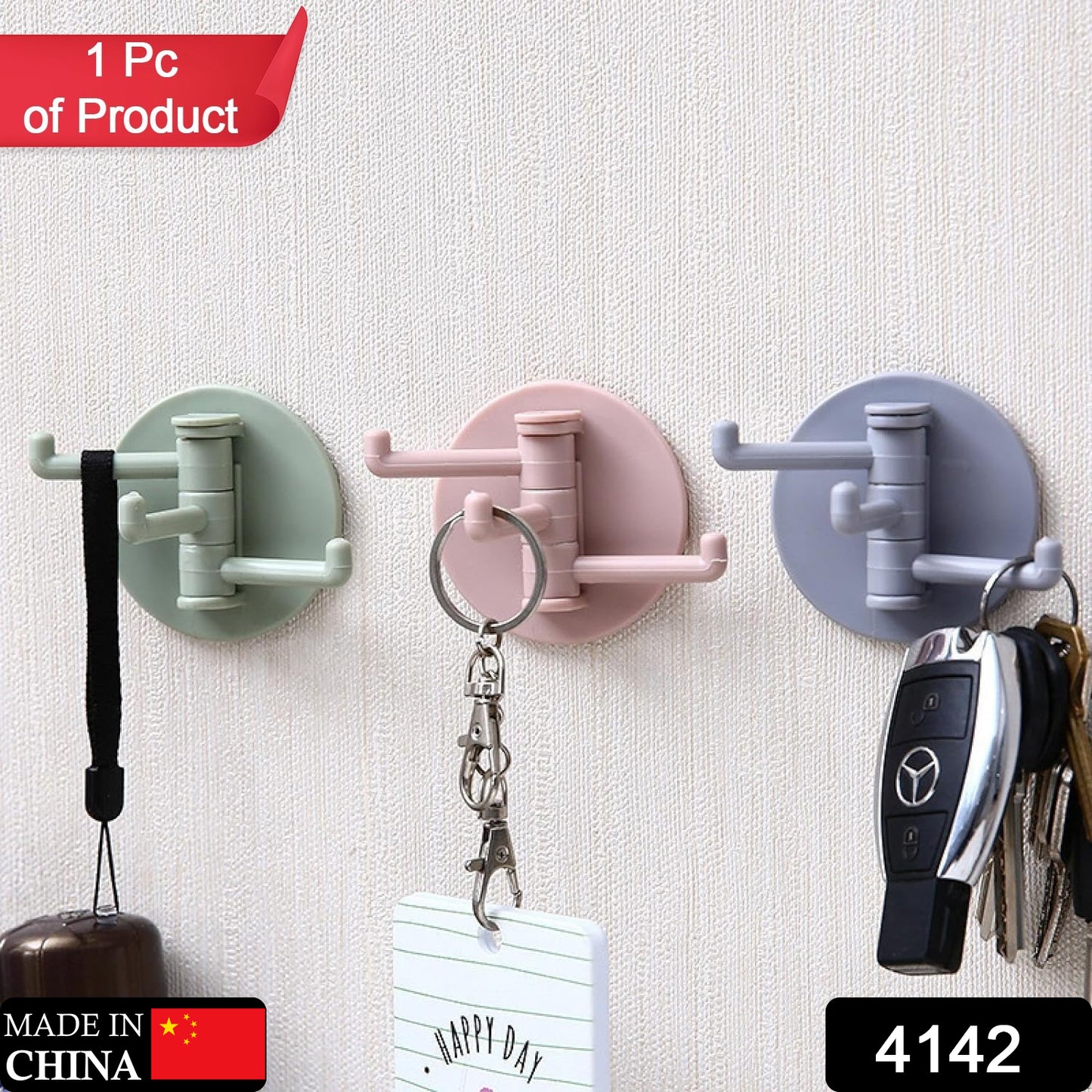 Wukusy 4142 sticky household punch-free rotatable hook with three hooks, suitable for bathroom, kitchen, or office use.