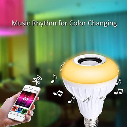 Wukusy 12W Wireless Bluetooth LED bulb with multicolor lights and remote control, ideal for home decor with music sync feature