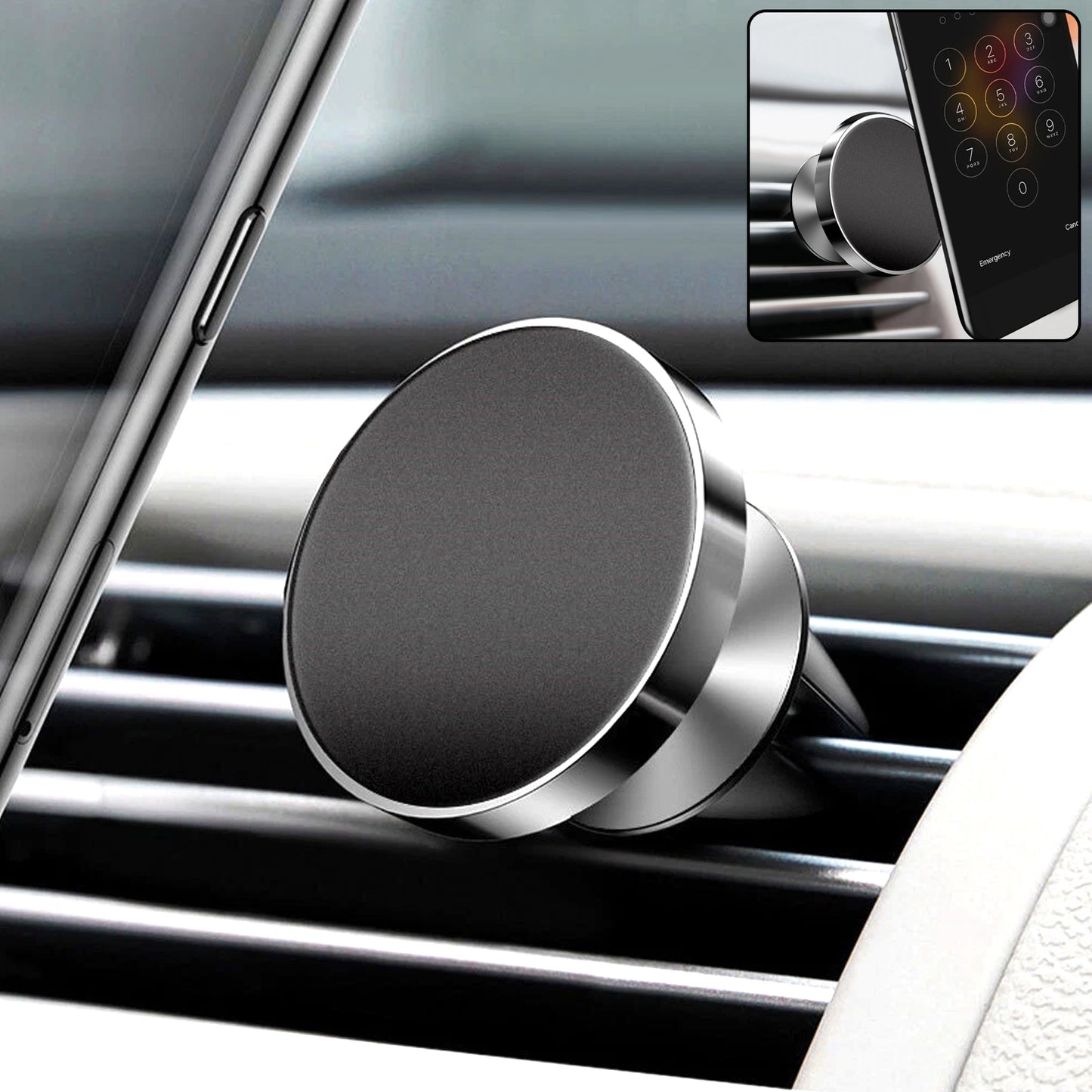 Wukusy 360° rotating magnetic phone holder stand attached to a car dashboard, holding a smartphone securely.