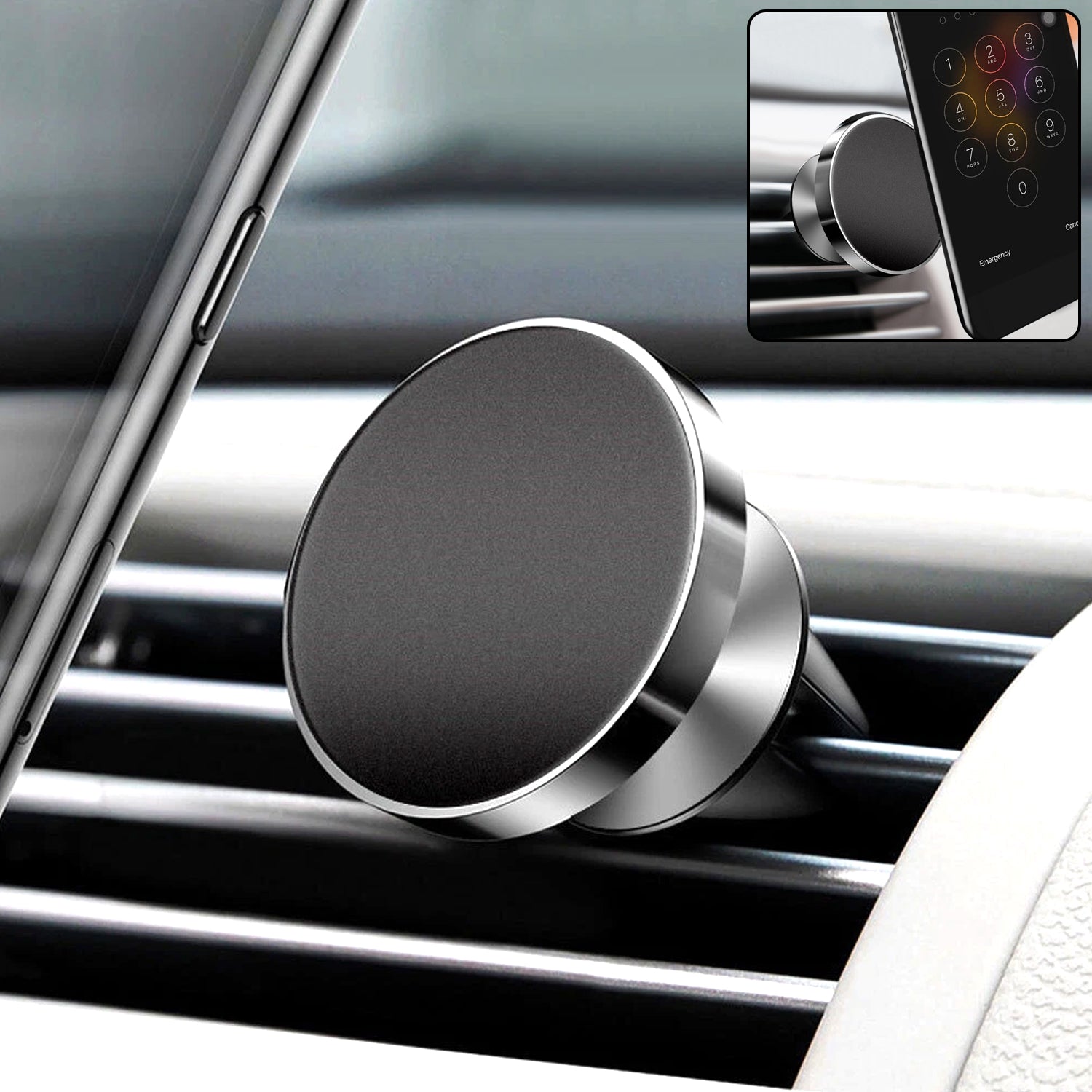 Wukusy 360° rotating magnetic phone holder stand attached to a car dashboard, holding a smartphone securely.