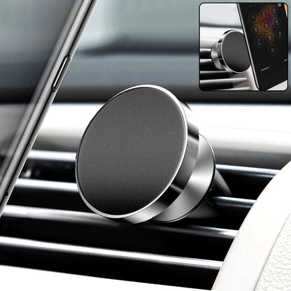 Wukusy 360° rotating magnetic phone holder stand attached to a car dashboard, holding a smartphone securely.