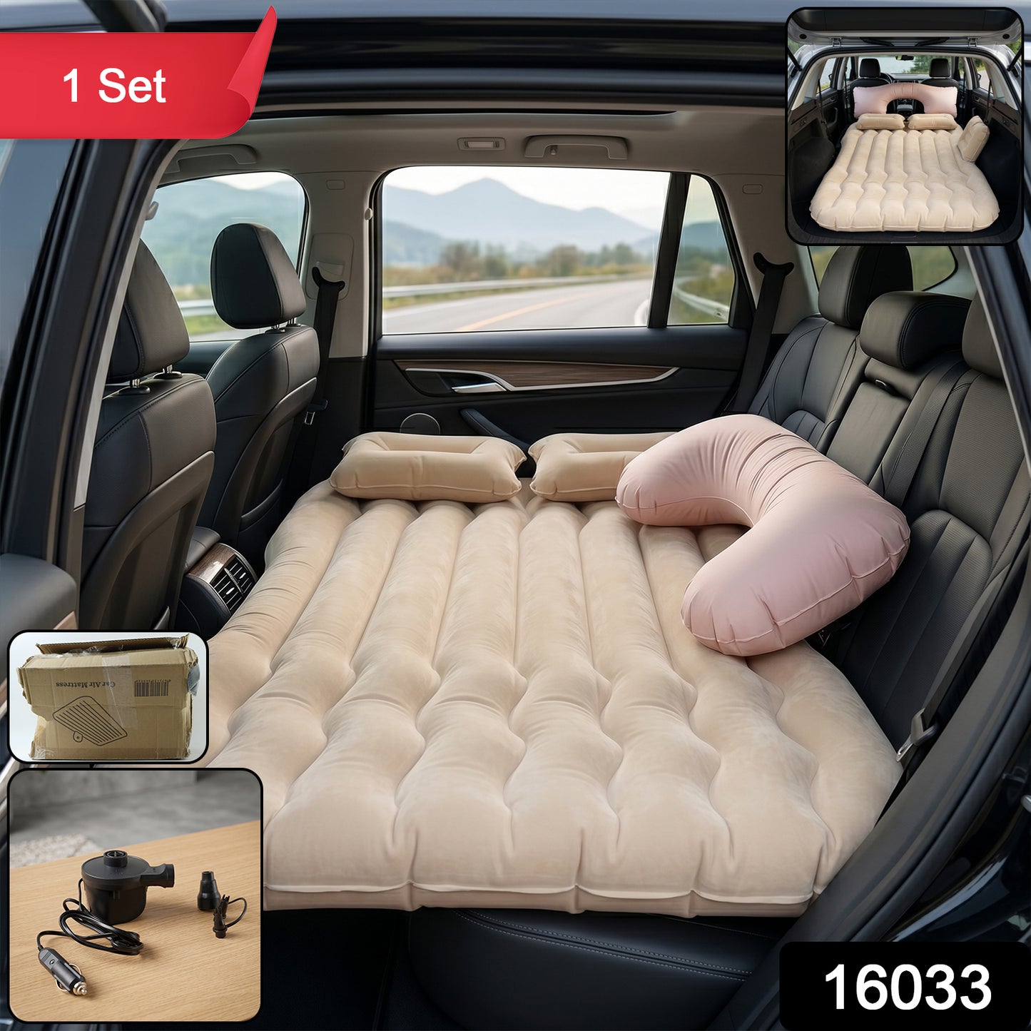 Wukusy car air mattress bed set with inflatable cushions and pump, featuring a mix of vibrant design and comfortable surface.
