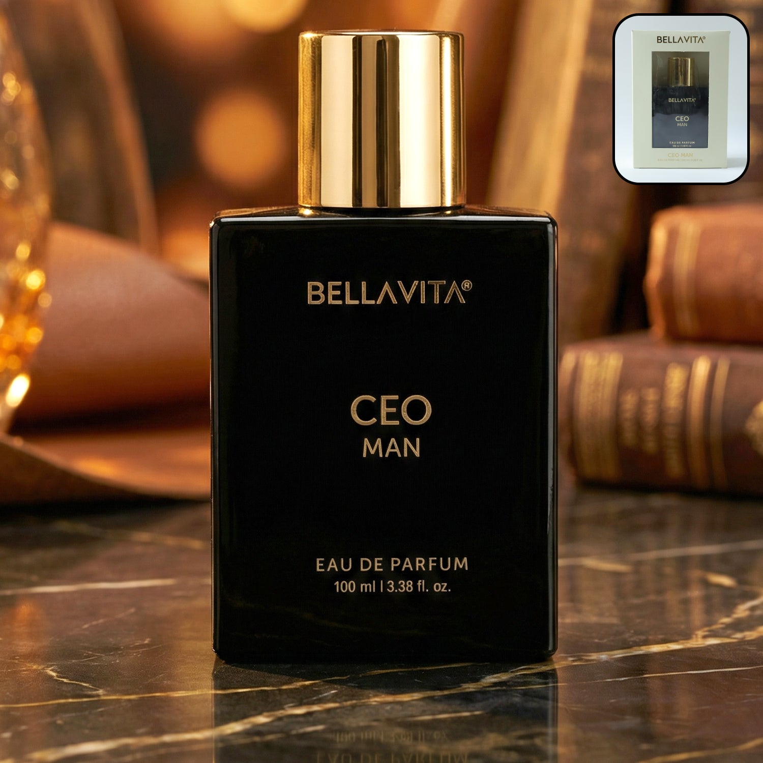 Bellavita Premium CEO Man Eau De Perfume 100ml bottle by Wukusy, featuring sleek glass design with silver cap and modern branding.