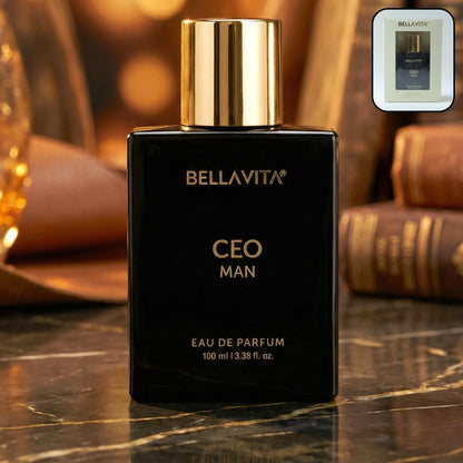 Bellavita Premium CEO Man Eau De Perfume 100ml bottle by Wukusy, featuring sleek glass design with silver cap and modern branding.