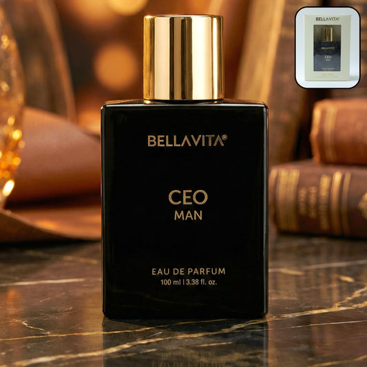 Bellavita Premium CEO Man Eau De Perfume 100ml bottle by Wukusy, featuring sleek glass design with silver cap and modern branding.