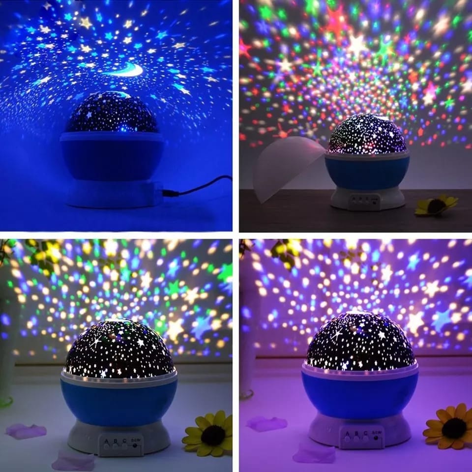Wukusy 1234 Colour Changing Good Night Star Master rotating projection night lamp on a bedside table with star-shaped design