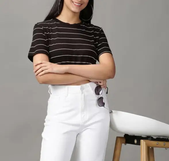 Striped sleeveless crop top for women by ecomn, featuring a stretchy Lycra fabric and a stylish, fitted design.