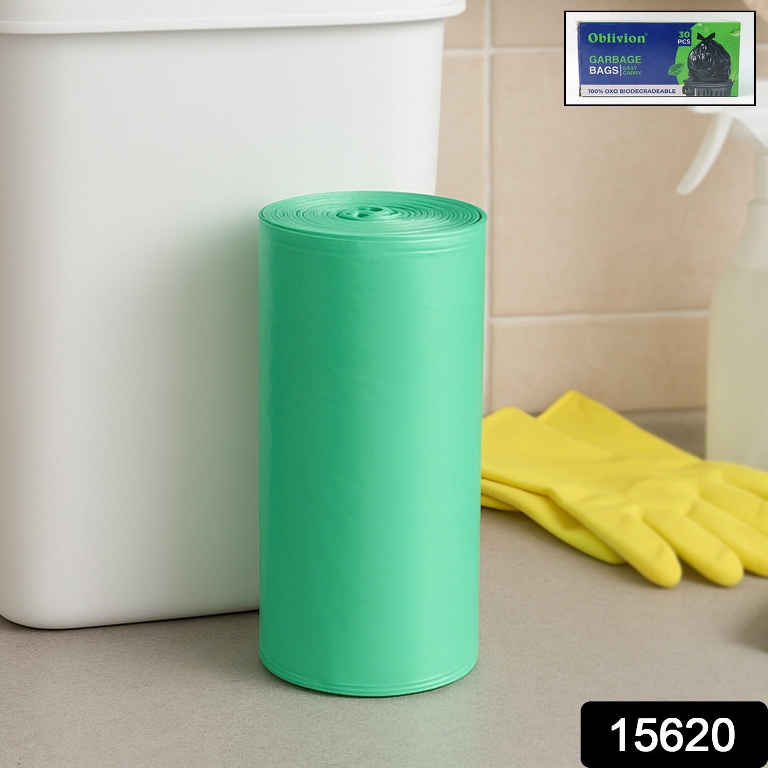 Green biodegradable trash bags roll by Wukusy, eco-friendly garbage bags for home use, 19x21 inches.