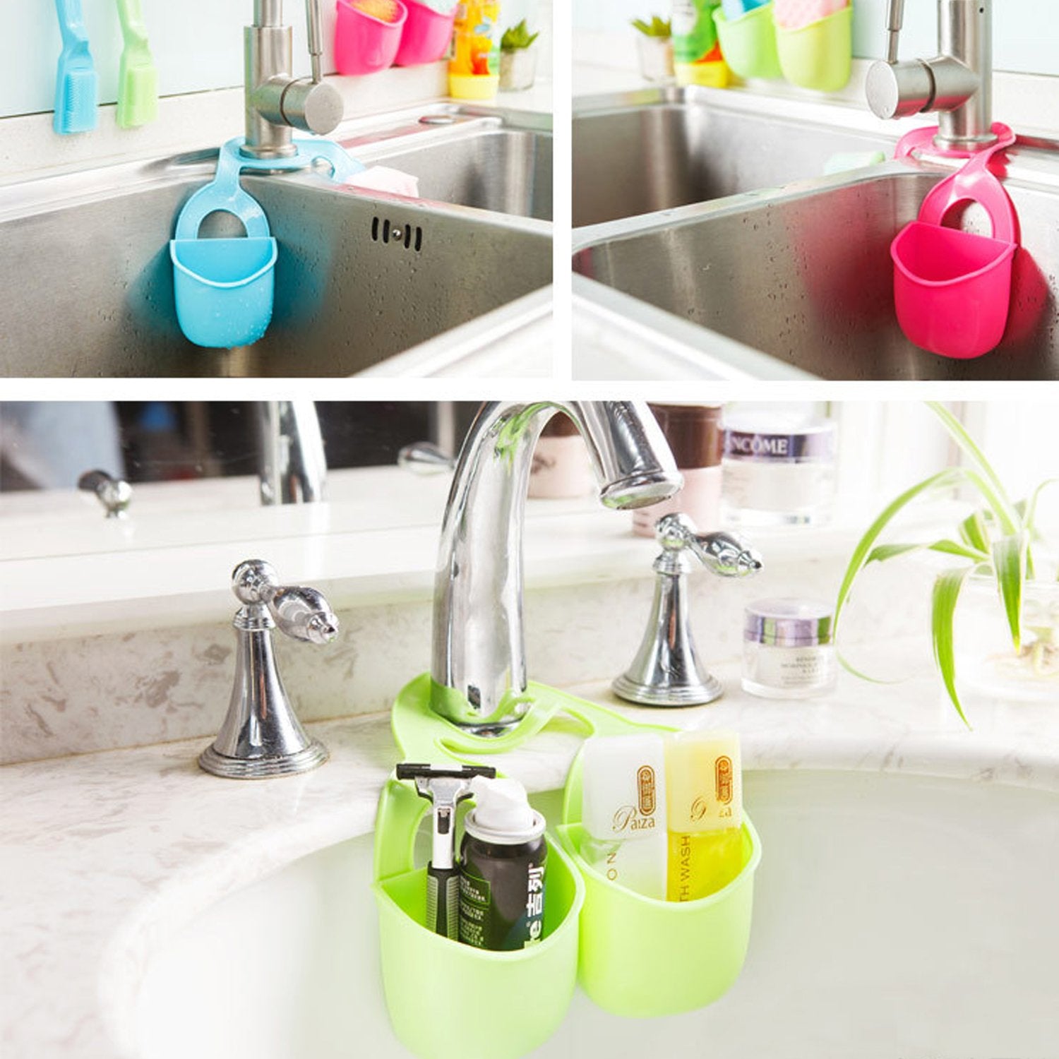 Wukusy double layer sink hanging storage basket for kitchen organization, with multiple compartments for utensils and cleaning supplies.