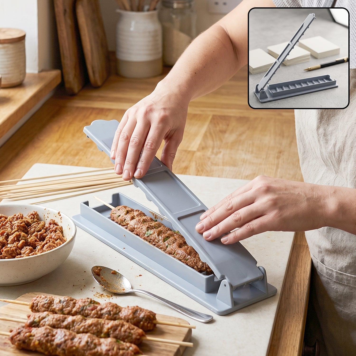 Wukusy plastic meat skewer kebab maker and BBQ tool for making seekh kebabs with evenly shaped skewers.