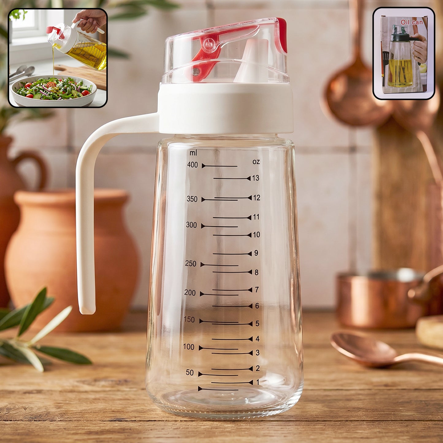 Wukusy glass oil dispenser bottle with auto-flip cap and side handle, 500ml capacity, for kitchen use.