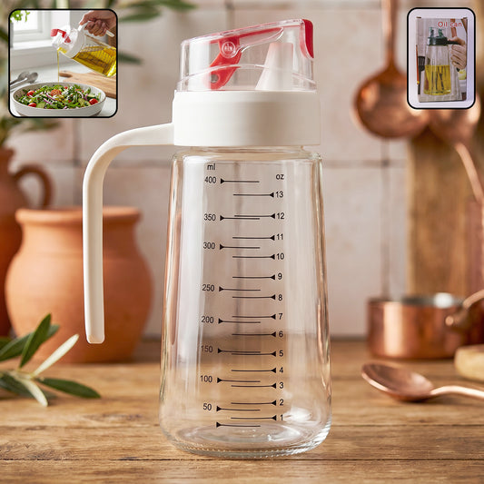 Wukusy glass oil dispenser bottle with auto-flip cap and side handle, 500ml capacity, for kitchen use.