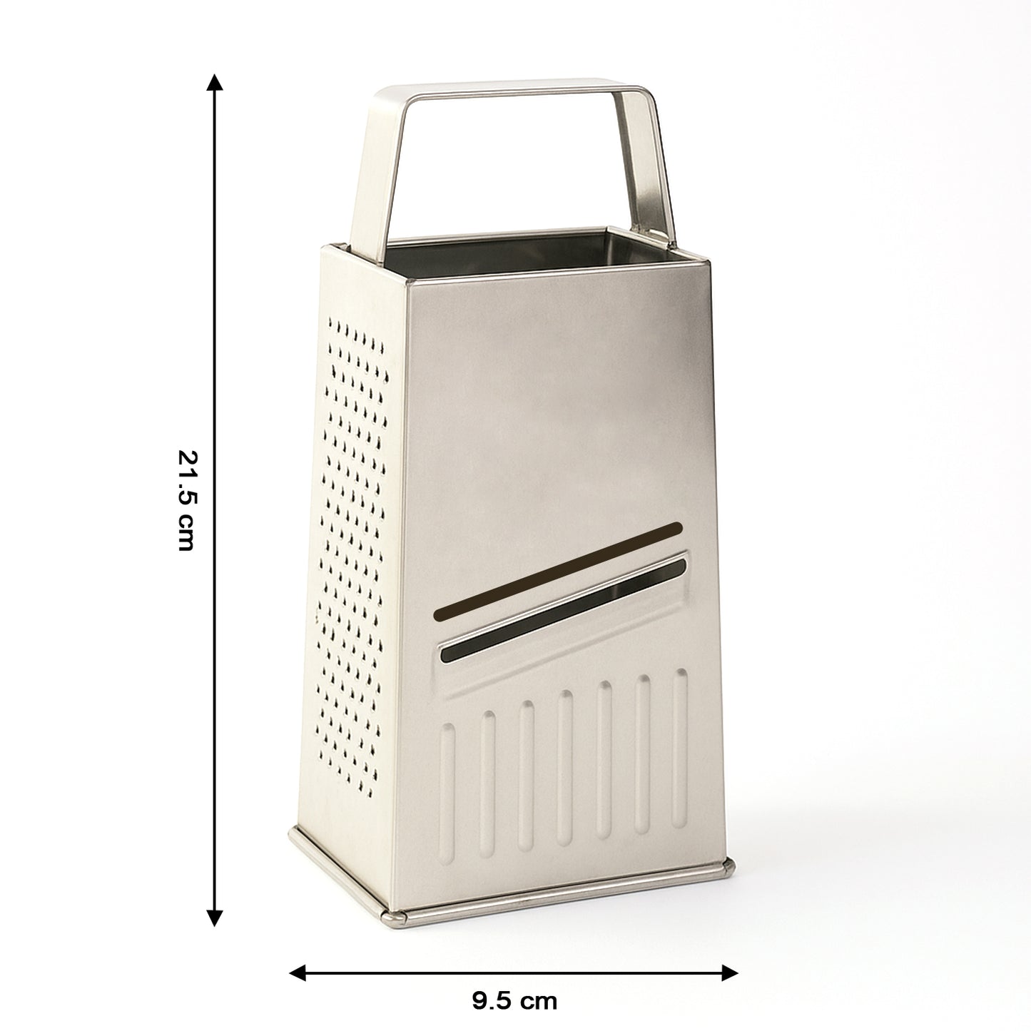 Wukusy Supermom Premium 5-in-1 stainless steel grater and slicer for kitchen use, showing multiple grating and slicing surfaces.