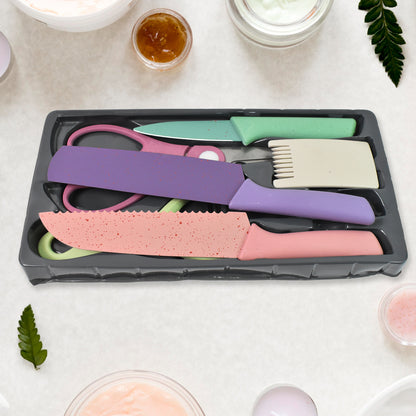 Set of six colorful Wukusy professional kitchen knives with stainless steel blades and ergonomic handles for home cooking.