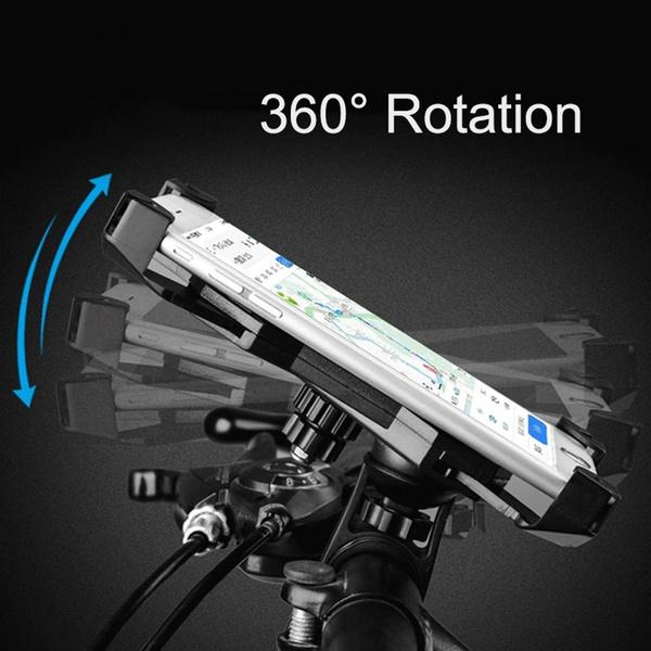 Wukusy bike phone mount with anti-shake cradle, stable clamp, and 360-degree rotation for secure mobile device attachment.