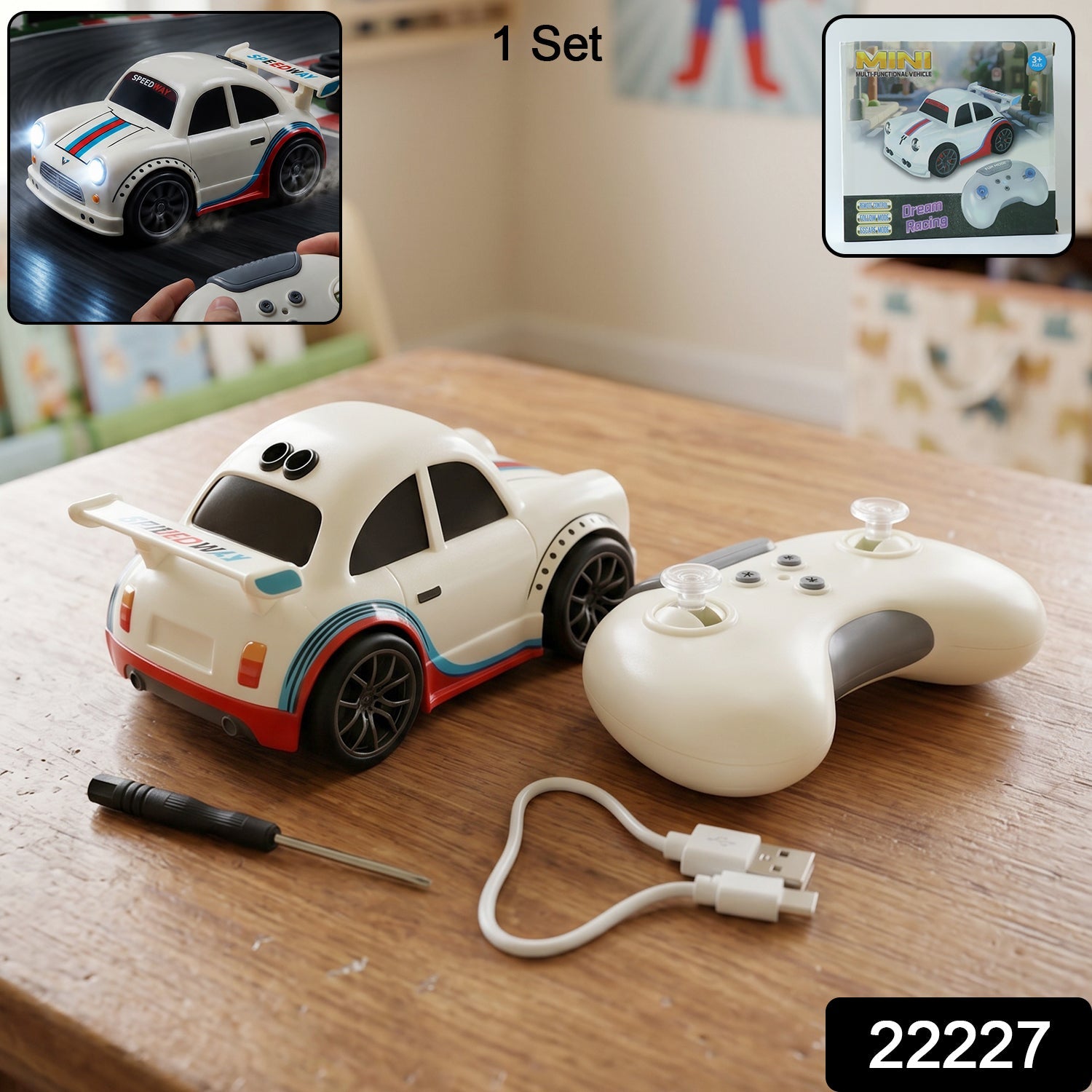 Mini RC racing car toy by Wukusy with remote control, rechargeable, designed for kids, shown in vibrant colors on a smooth surface.