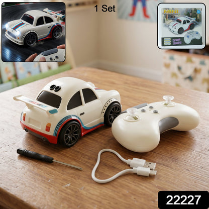 Mini RC racing car toy by Wukusy with remote control, rechargeable, designed for kids, shown in vibrant colors on a smooth surface.