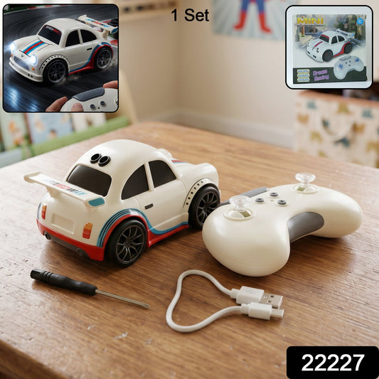 Mini RC racing car toy by Wukusy with remote control, rechargeable, designed for kids, shown in vibrant colors on a smooth surface.