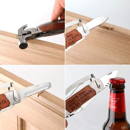 Wukusy all-in-one multitool hammer with screwdriver and bottle opener, perfect for outdoor camping and Father's Day gifts.