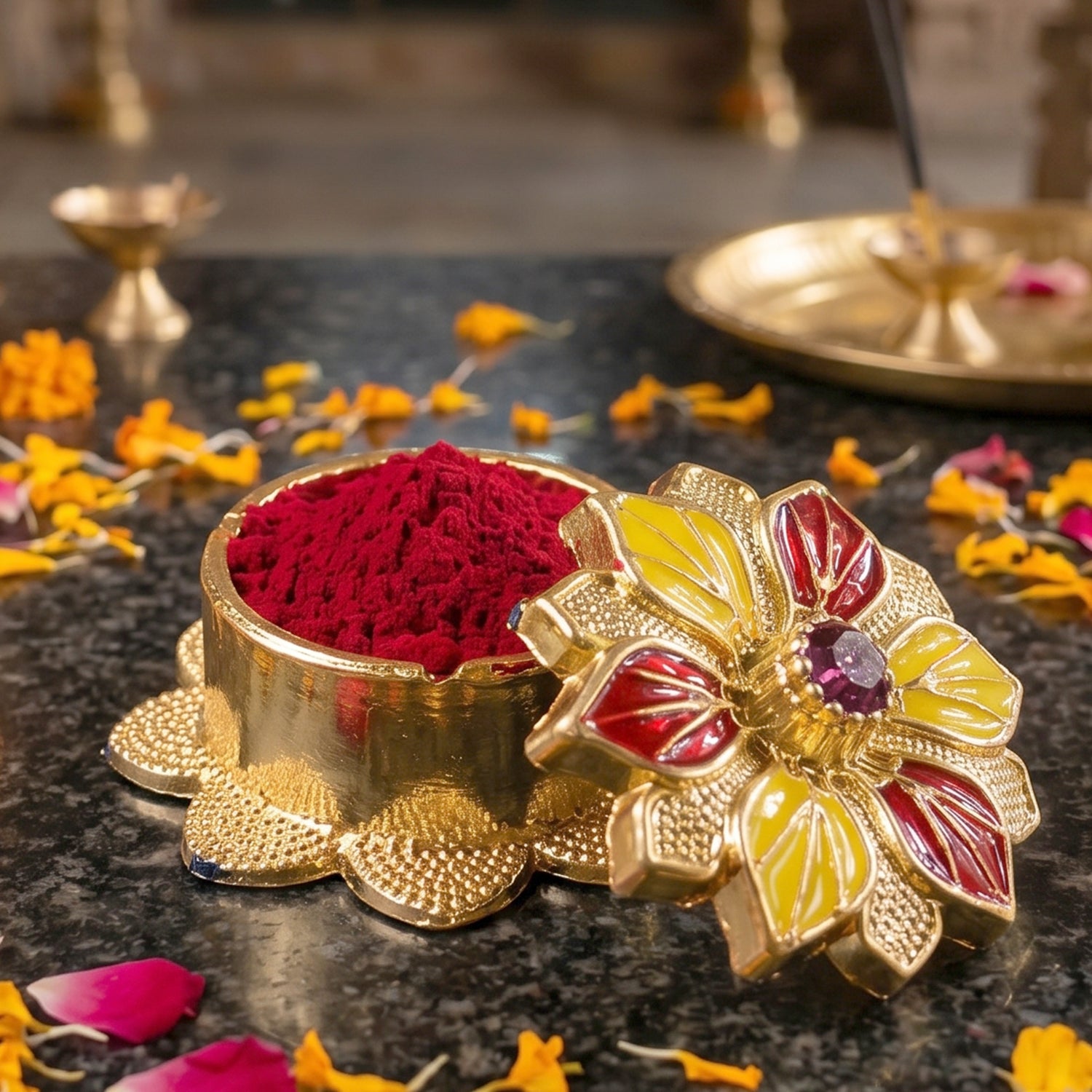 Decorative golden Kankavati Kumkum box from Wukusy, traditional Sindoor holder for Pooja, with intricate design and lid.