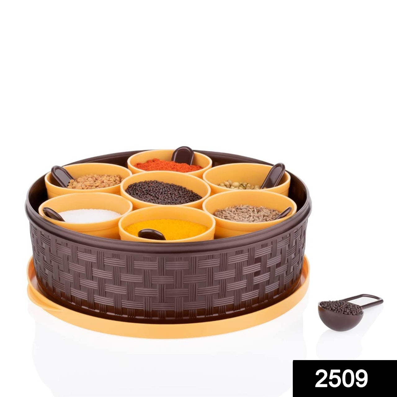 Wukusy 2509 round plastic spice box with multiple compartments for storing masala spices in the kitchen.