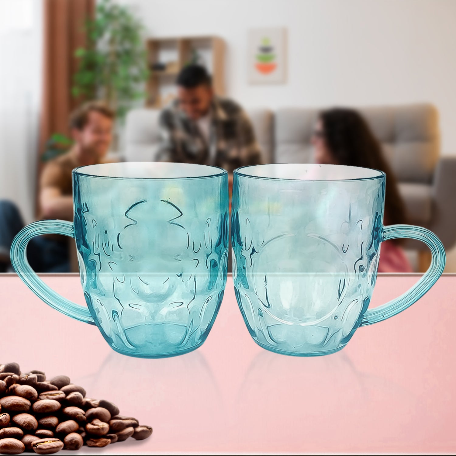 Two durable plastic Apex Shake mugs by Wukusy, 350ml capacity, shown side by side on a kitchen countertop.