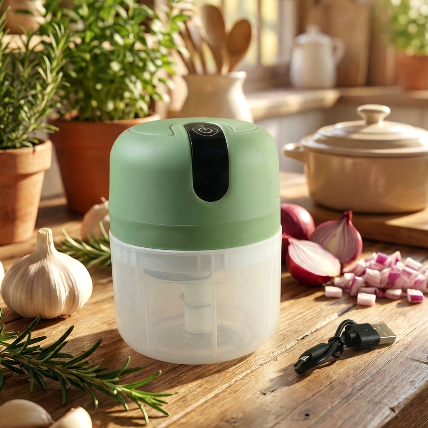 Wukusy mini electric food processor with 250ml capacity, vegetable and garlic chopper, compact kitchen appliance on a countertop.