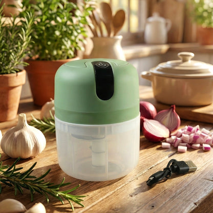 Wukusy mini electric food processor with 250ml capacity, vegetable and garlic chopper, compact kitchen appliance on a countertop.