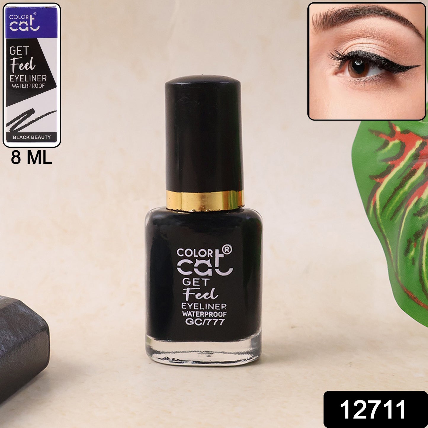 Wukusy Premium Color Cat Get Feel waterproof eyeliner in black, 8ml, with a sleek applicator and smooth, vibrant finish.