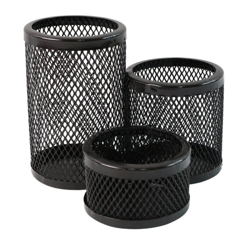 Wukusy Khyati Trio Metal Mesh Pen Stand with three compartments for pens, pencils, and office supplies on a round desk organizer set