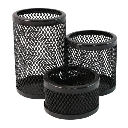 Wukusy Khyati Trio Metal Mesh Pen Stand with three compartments for pens, pencils, and office supplies on a round desk organizer set