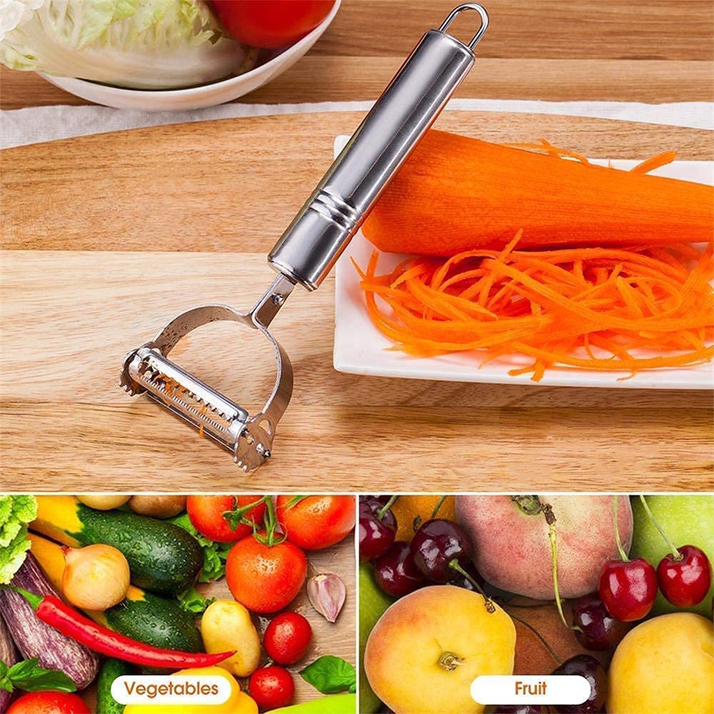 Wukusy 3-in-1 stainless steel vegetable and fruit peeler set with three different peelers for versatile kitchen use.