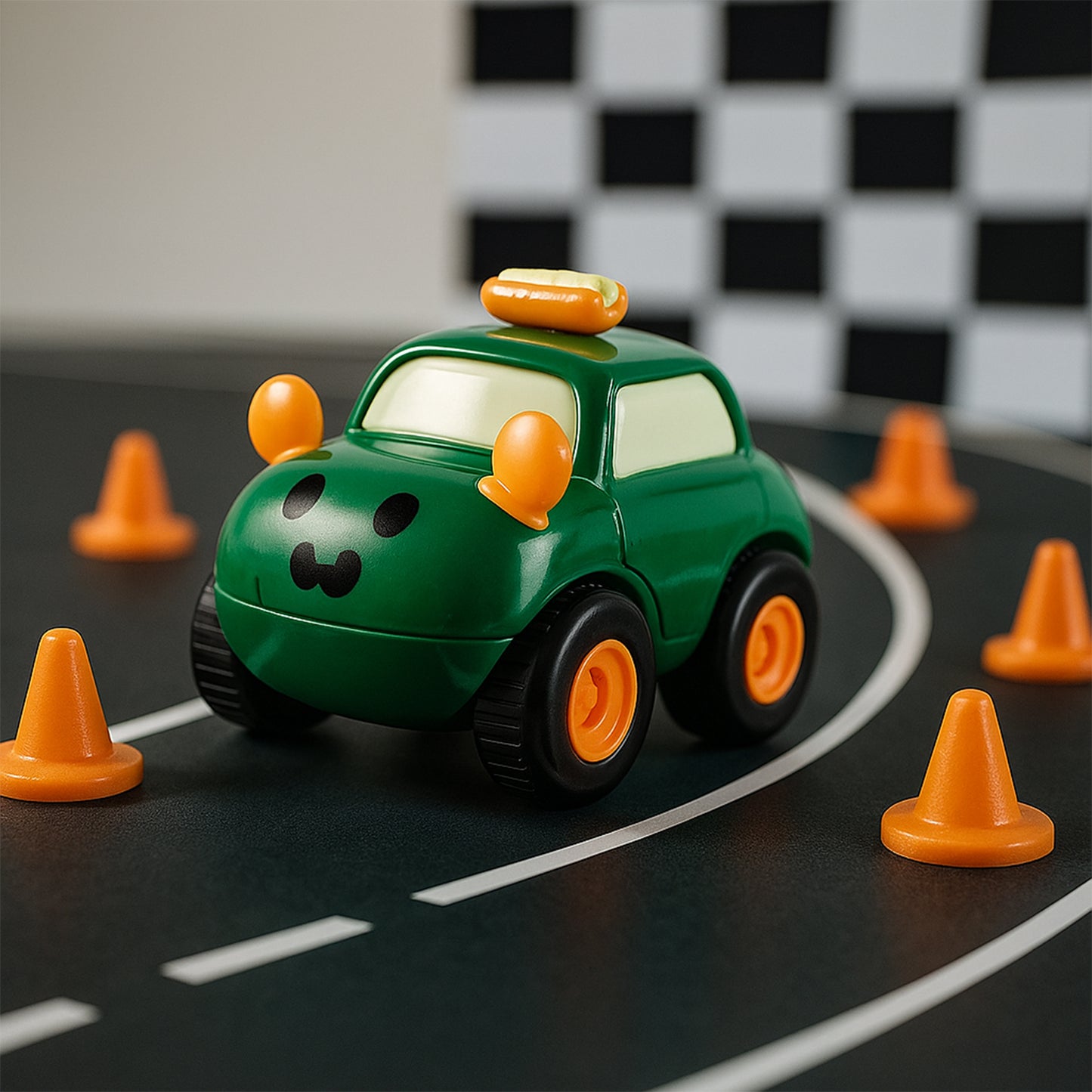 Set of 12 colorful cartoon pull-back toy cars by Wukusy, designed for kids, displayed on a flat surface.
