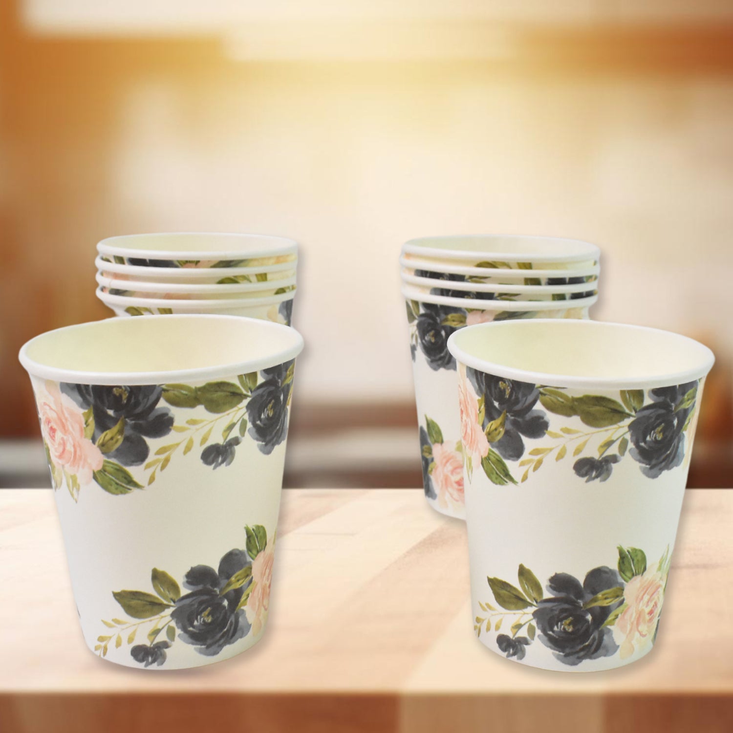 Set of 10 colorful disposable paper cups for tea and coffee, with mixed designs, ideal for home and kitchen use.