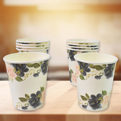 Set of 10 colorful disposable paper cups for tea and coffee, with mixed designs, ideal for home and kitchen use.