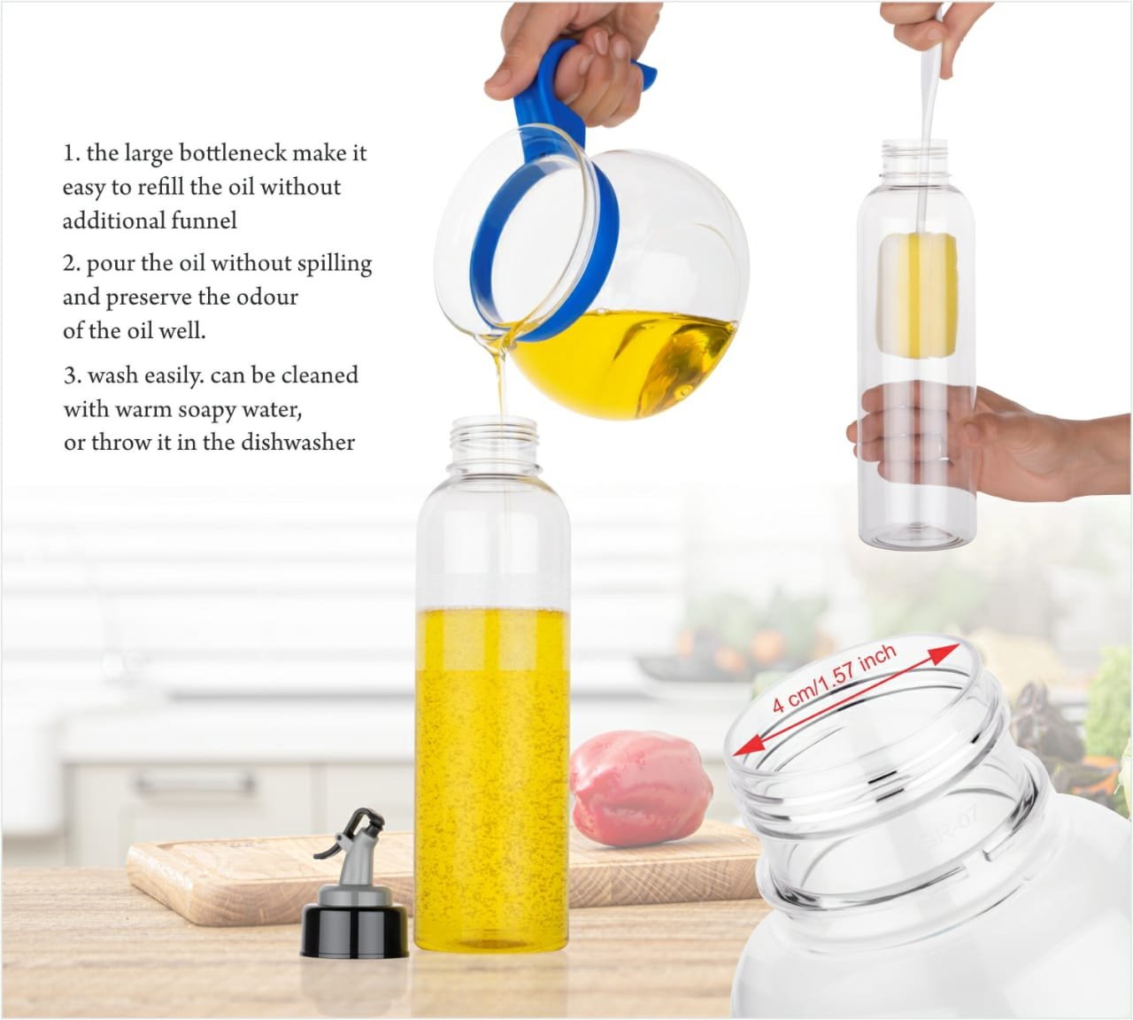 Wukusy 1-liter transparent plastic oil dispenser bottle, kitchen tool for storing and pouring cooking oil.