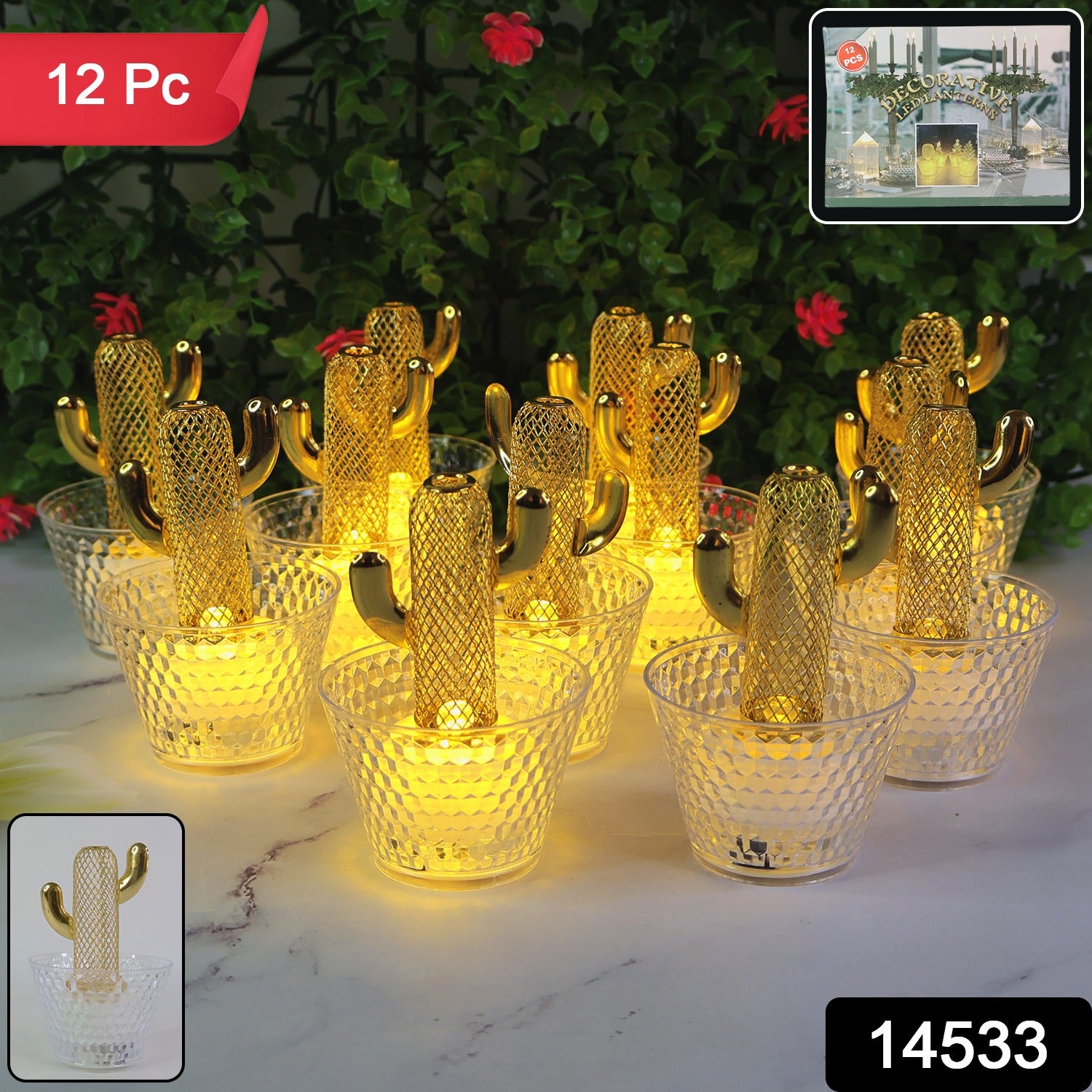 Set of 12 decorative cactus-shaped LED tealight candles by Wukusy, ideal for home decor and ambient lighting.